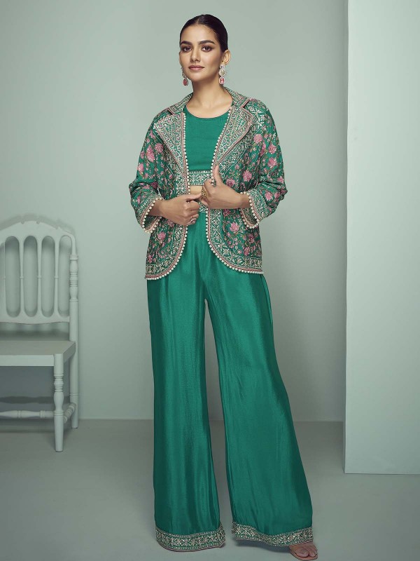 Teal Green Real Chinon Koti Style Western Suit